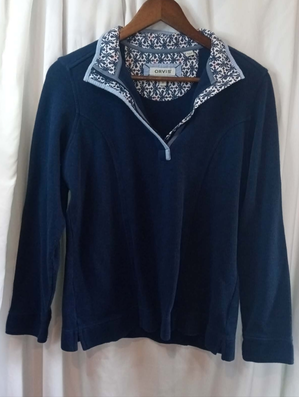 Orvis Navy Half-Zip Sweater Blue Printed Collar Coastal Small Outdoors Winter